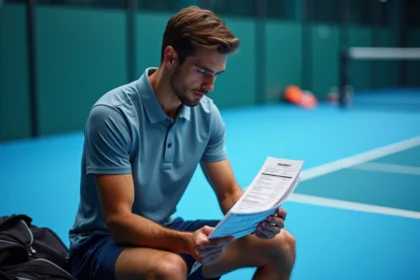 Joueur de padel masculin consultant son planning de tournoi P500 dans un club indoor, raquette posée à côté de lui