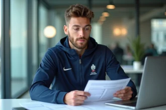 Jeune joueur rugby français en bureau professionnel