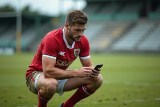 Joueur de rugby Fédérale 2 consultant les résultats de match sur son smartphone après une rencontre