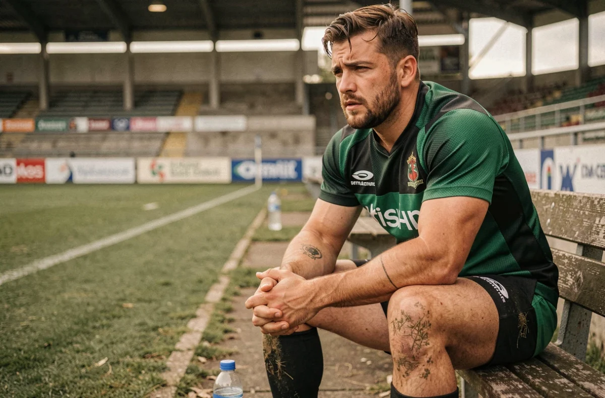 Joueur de rugby fatigué assis sur le banc de touche lors d'une rencontre de Fédérale 3 avec enjeu de maintien