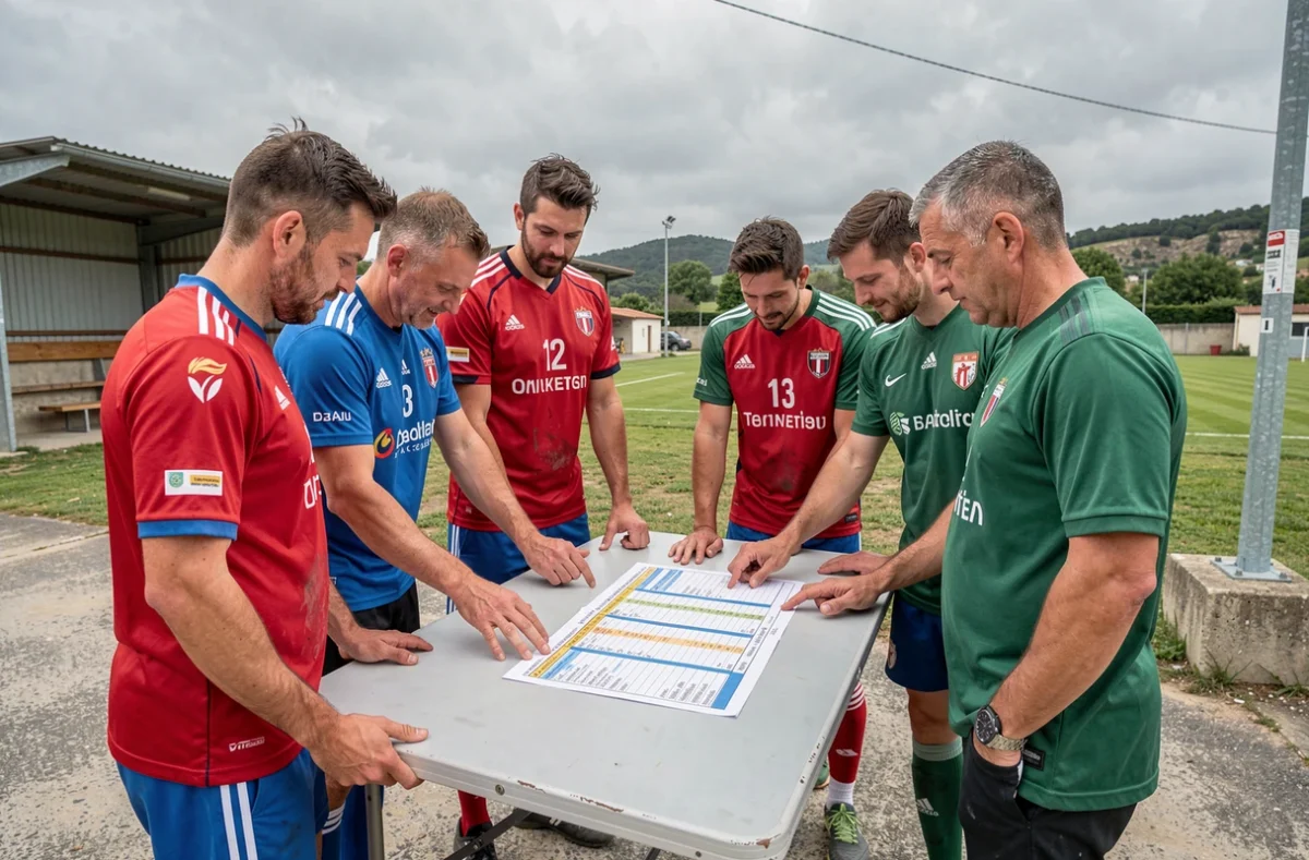Joueurs amateurs de clubs locaux de Drôme Ardèche consultant le calendrier du championnat régional de football