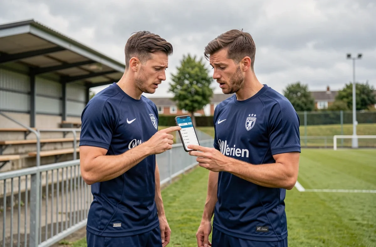 Deux joueurs de football amateur consultant le classement de leur district sur un smartphone en bord de terrain