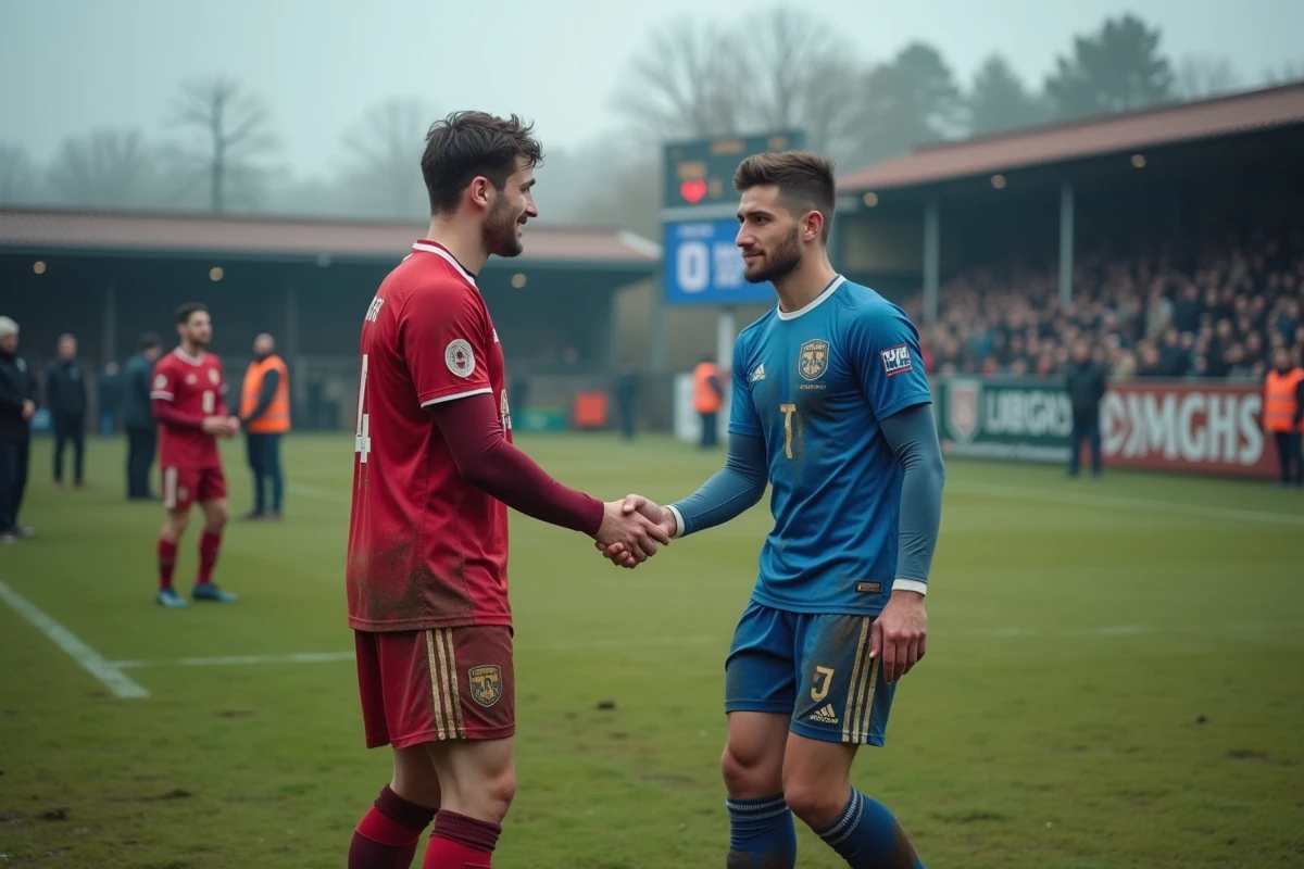 Deux joueurs de football amateur se serrant la main après un match du District Aisne avec le tableau des scores en arrière-plan