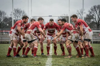 Joueurs de rugby en Fédérale 3 rassemblés en cercle tactique sur le terrain lors d'un match décisif pour le maintien
