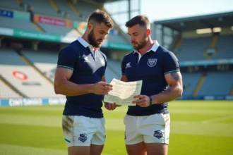 Deux joueurs de rugby en uniforme regardant le planning