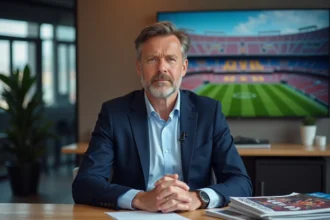 Journaliste football en studio avec téléviseur FC Barcelone