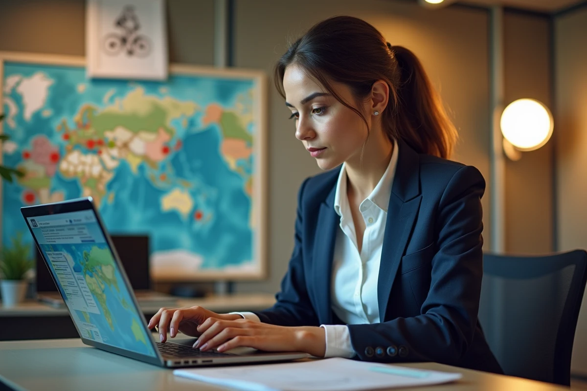 Jeune journaliste sportive travaillant sur une carte numérique