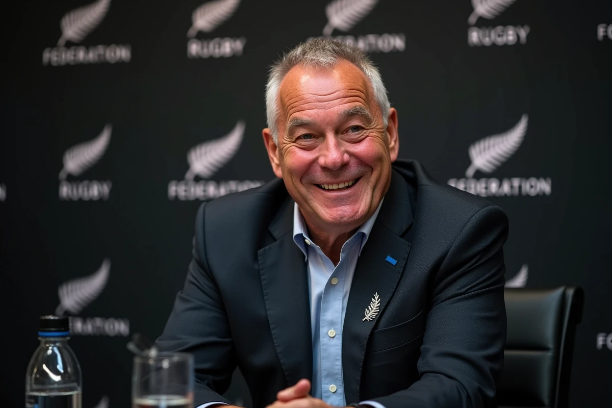 Légende du rugby néo-zélandais en costume sombre lors d'une conférence de presse, évoquant son héritage et son impact sur les All Blacks