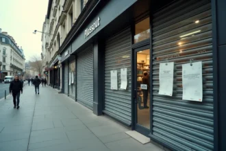 Devanture fermée d'un magasin de sport à Strasbourg avec des affiches de liquidation sur les vitrines