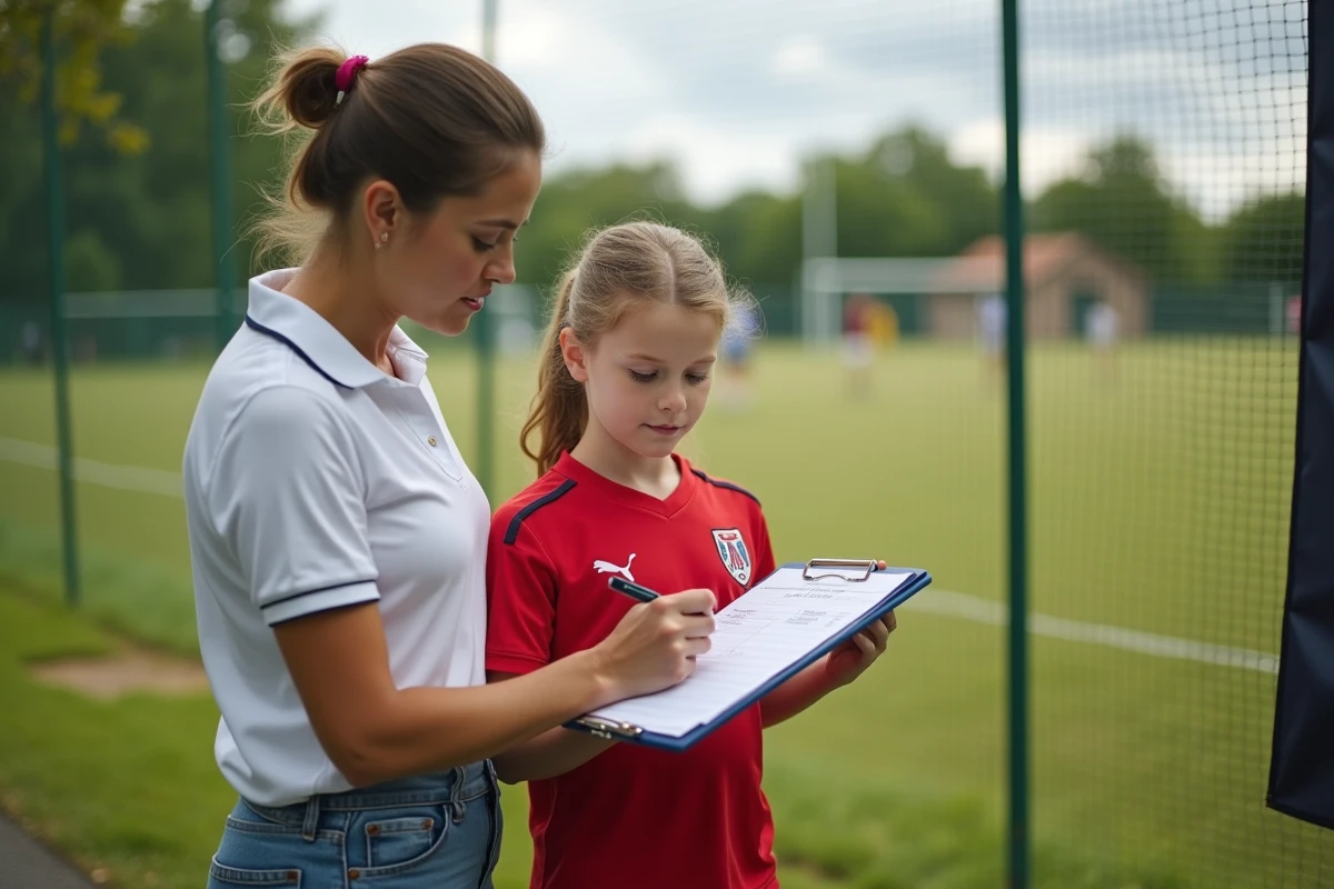 Femme aidant sa fille à remplir un formulaire de football