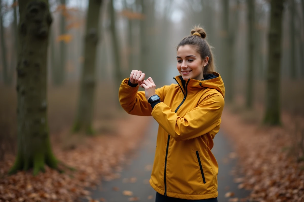 Jeune femme en forêt consultant sa montre connectée pour convertir ses 7500 pas en kilomètres pendant une marche sportive