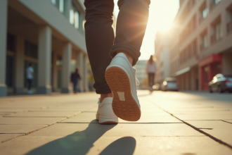 Personne marchant rapidement dans la ville avec des sneakers en plein jour
