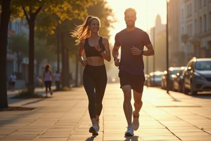 Homme et femme marchant vite en ville avec trackers fitness au matin