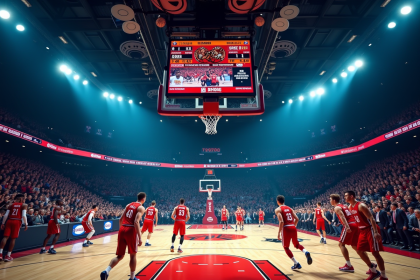Match de basketball professionnel en cours avec score et joueurs en action