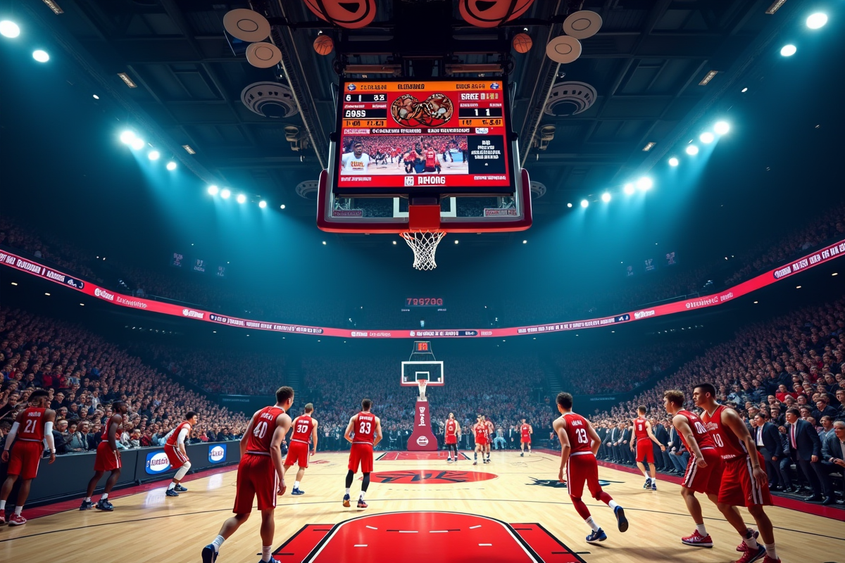 Match de basketball professionnel en cours avec score et joueurs en action