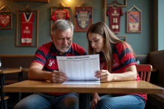 Deux fans de rugby en jersey regardent un résultat de match