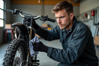Jeune homme en combinaison nettoyant la chaîne d'un pit bike