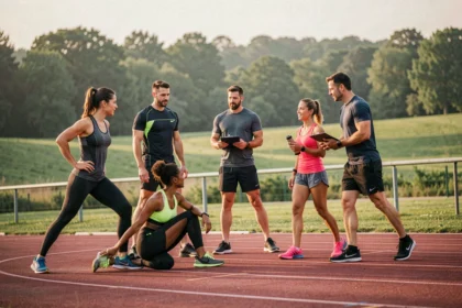 Groupe de sportifs avec un coach en plein air en Moselle, illustrant le classement des meilleurs coachs sportifs de la région
