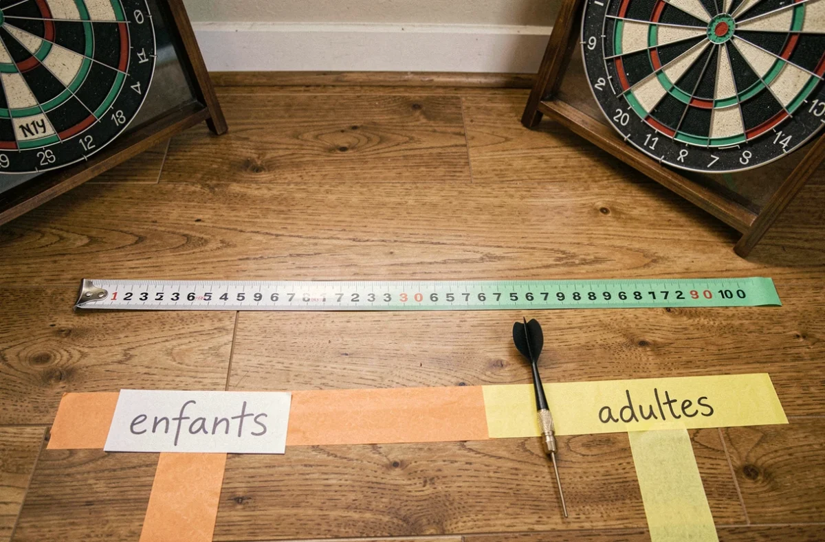 Vue aérienne d'un ruban à mesurer indiquant deux distances de lancer aux fléchettes différentes pour enfants et adultes sur un parquet en bois