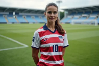 Mia Hamm en maillot USA sur un terrain de football