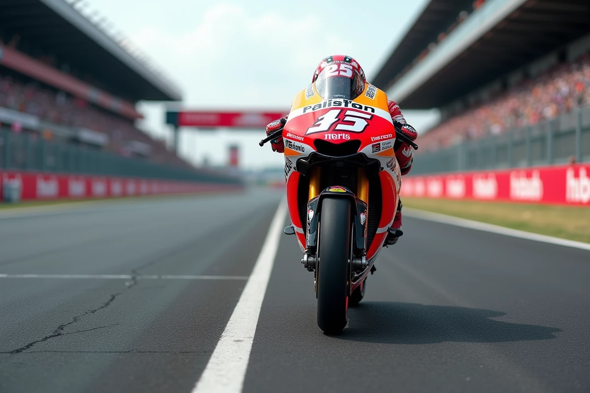 Moto MotoGP positionnée sur la grille de départ d'un circuit de Grand Prix avec les tribunes remplies de spectateurs en arrière-plan