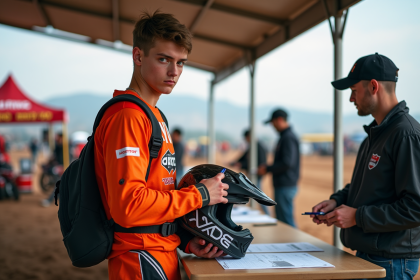 Jeune pilote motocross en inscription en extérieur