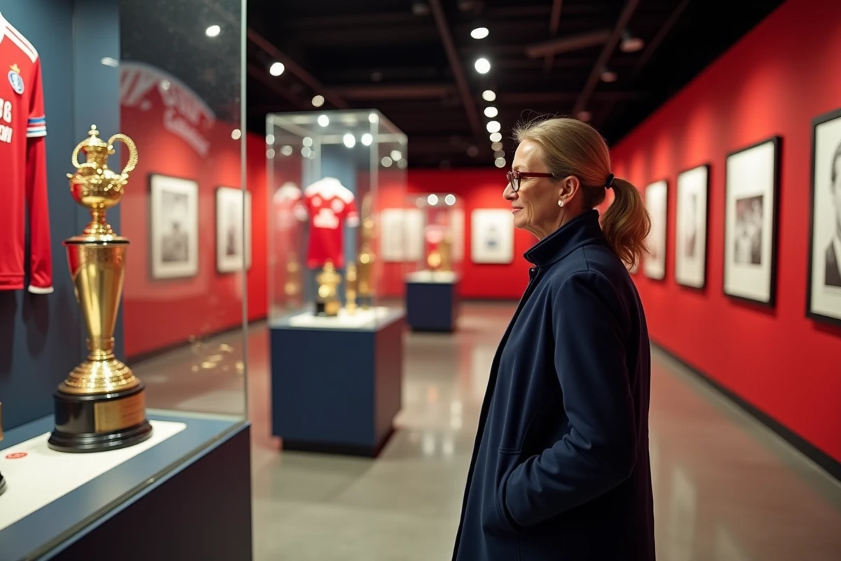 Femme visitant le musée de l'OL avec des trophées et maillots historiques de l'Olympique Lyonnais