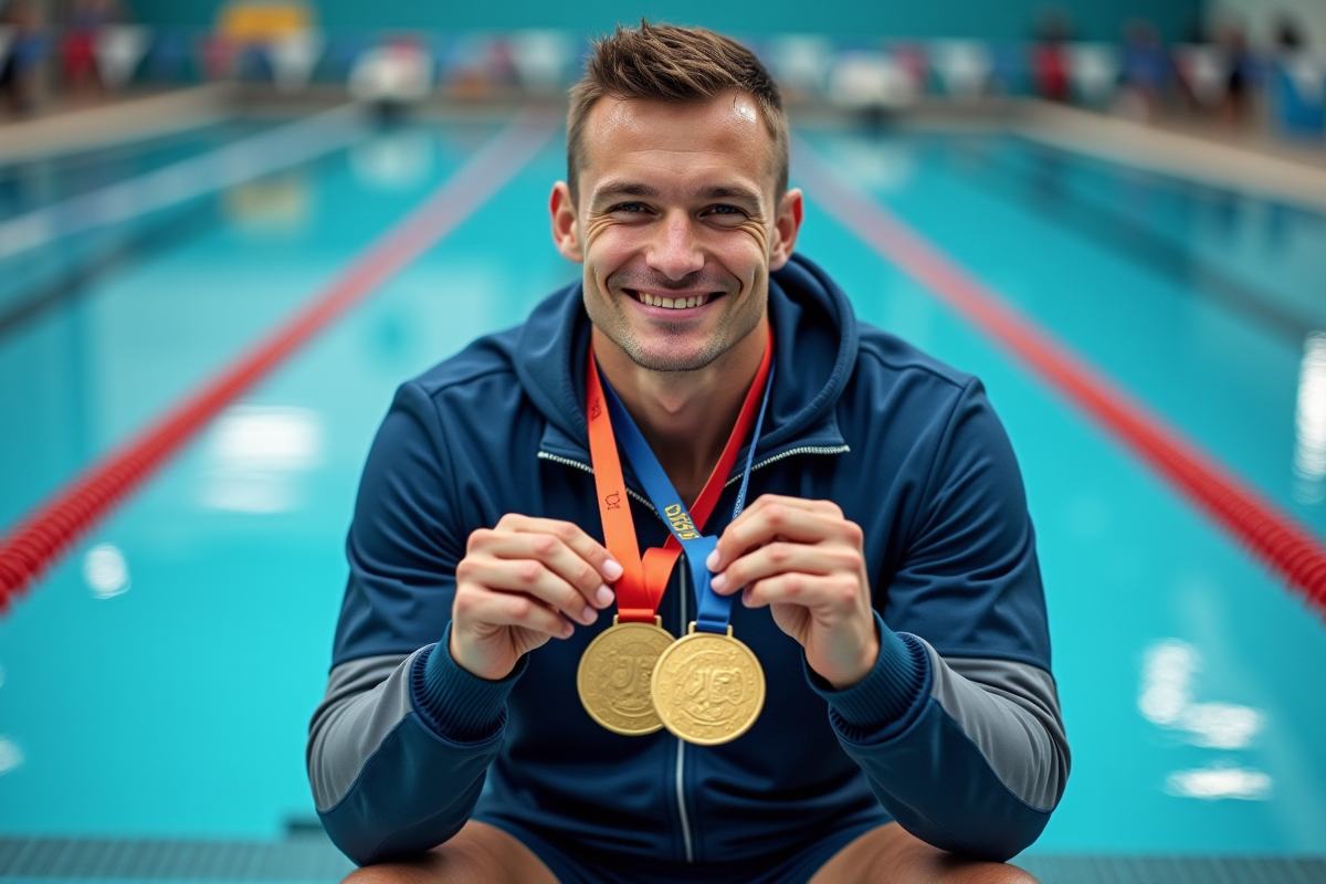 Nageur paralympique masculin avec médailles au bord de la piscine