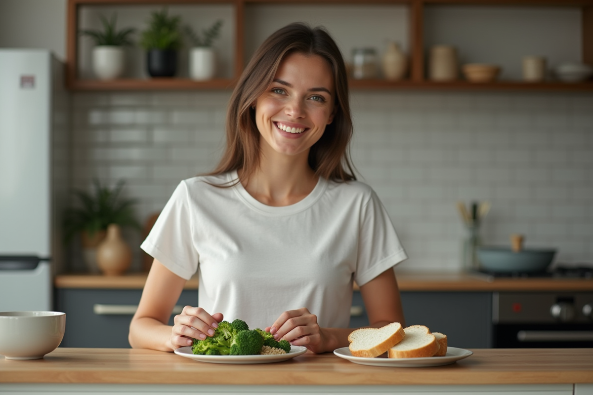 Femme nutritionniste préparant repas dans cuisine chaleureuse