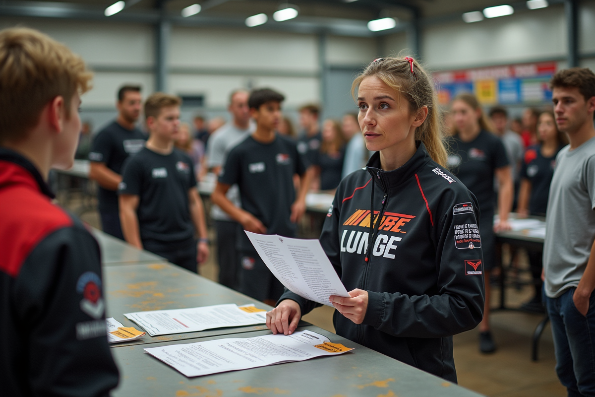 Officielle motocross expliquant inscription en intérieur