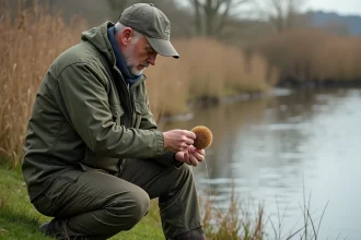 Homme d'âge moyen en tenue de pêche à l'étang en pleine préparation