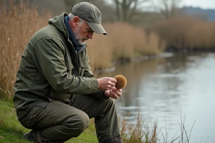 Homme d'âge moyen en tenue de pêche à l'étang en pleine préparation