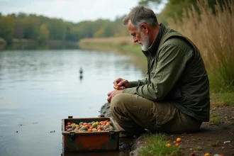Pêcheur au bord d'un lac calme préparant des bouillettes