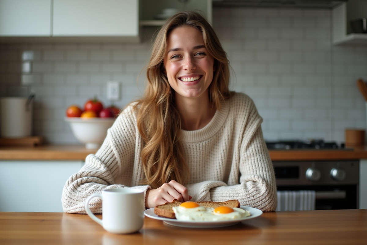 Femme souriante dégustant un petit déjeuner riche en protéines