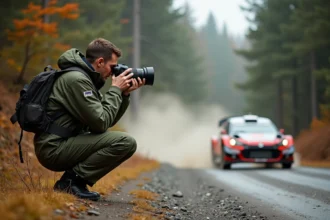 Photographe professionnel accroupi au bord d'une spéciale de rallye en forêt, capturant une voiture en pleine action dans un nuage de poussière