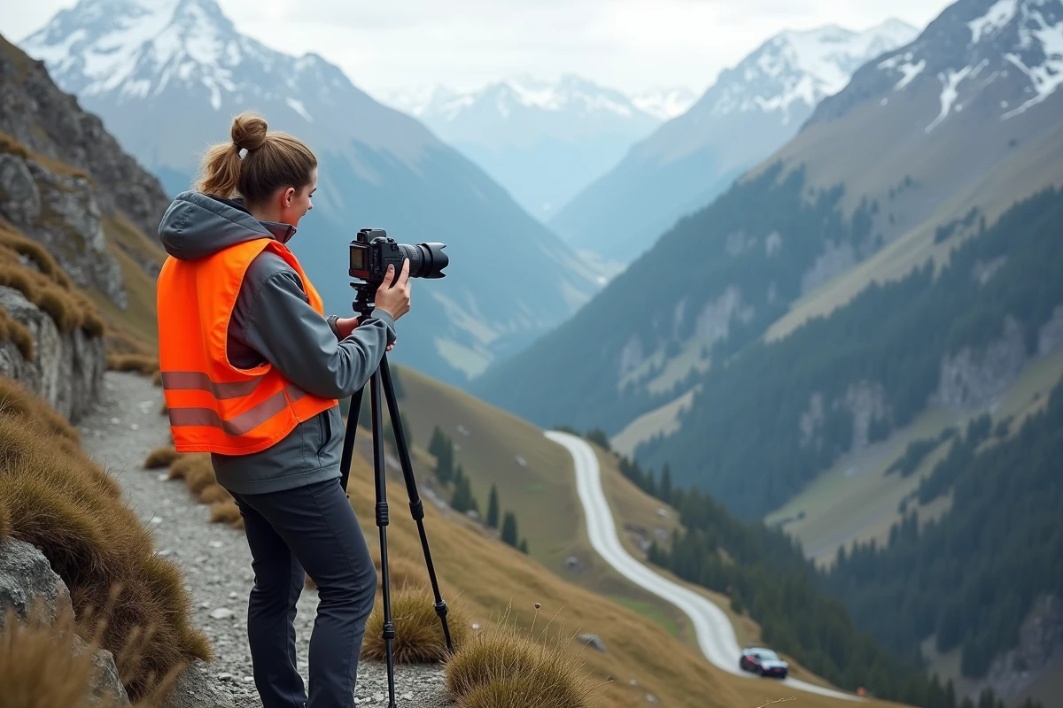 Photographe féminine en gilet haute visibilité perchée sur un promontoire rocheux surplombant une route de rallye alpine sinueuse