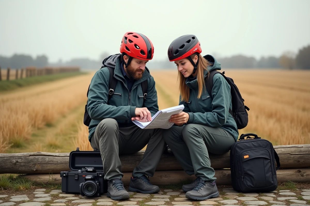 Deux photographes de rallye consultant leur road book et une tablette assis sur une clôture en bois devant une section pavée de campagne belge