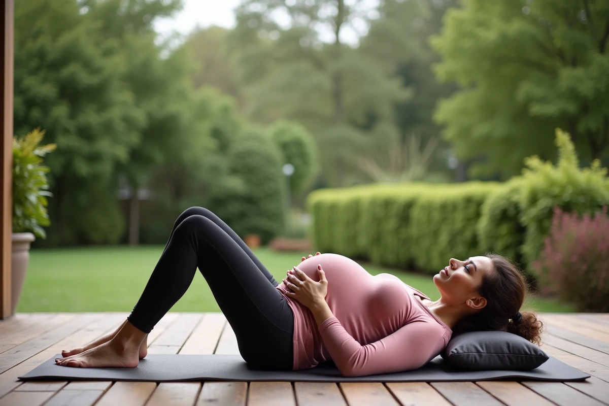 Femme enceinte réalisant un exercice de Pilate allongée sur un tapis en extérieur dans un jardin