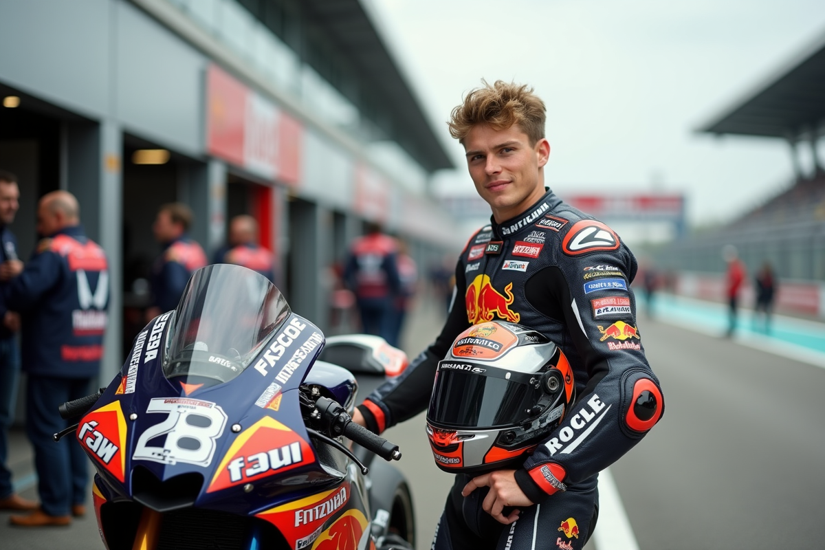 Jeune pilote moto en tenue de course devant sa moto au Bol d'Or 2026