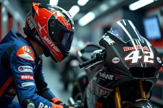 Pilote MotoGP en combinaison de course accroupi près de sa moto dans le garage de l'équipe, entouré d'équipements techniques et d'écrans de télémétrie