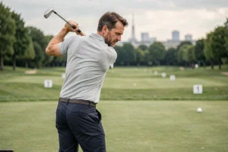 Homme pratiquant son swing de golf sur un practice à 30 minutes de Paris, en tenue décontractée sur un parcours verdoyant