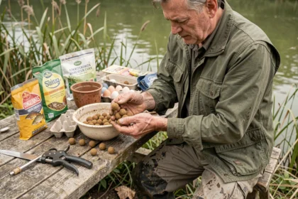 Pêcheur préparant des bouillettes maison pour la pêche à la carpe au bord de l'eau