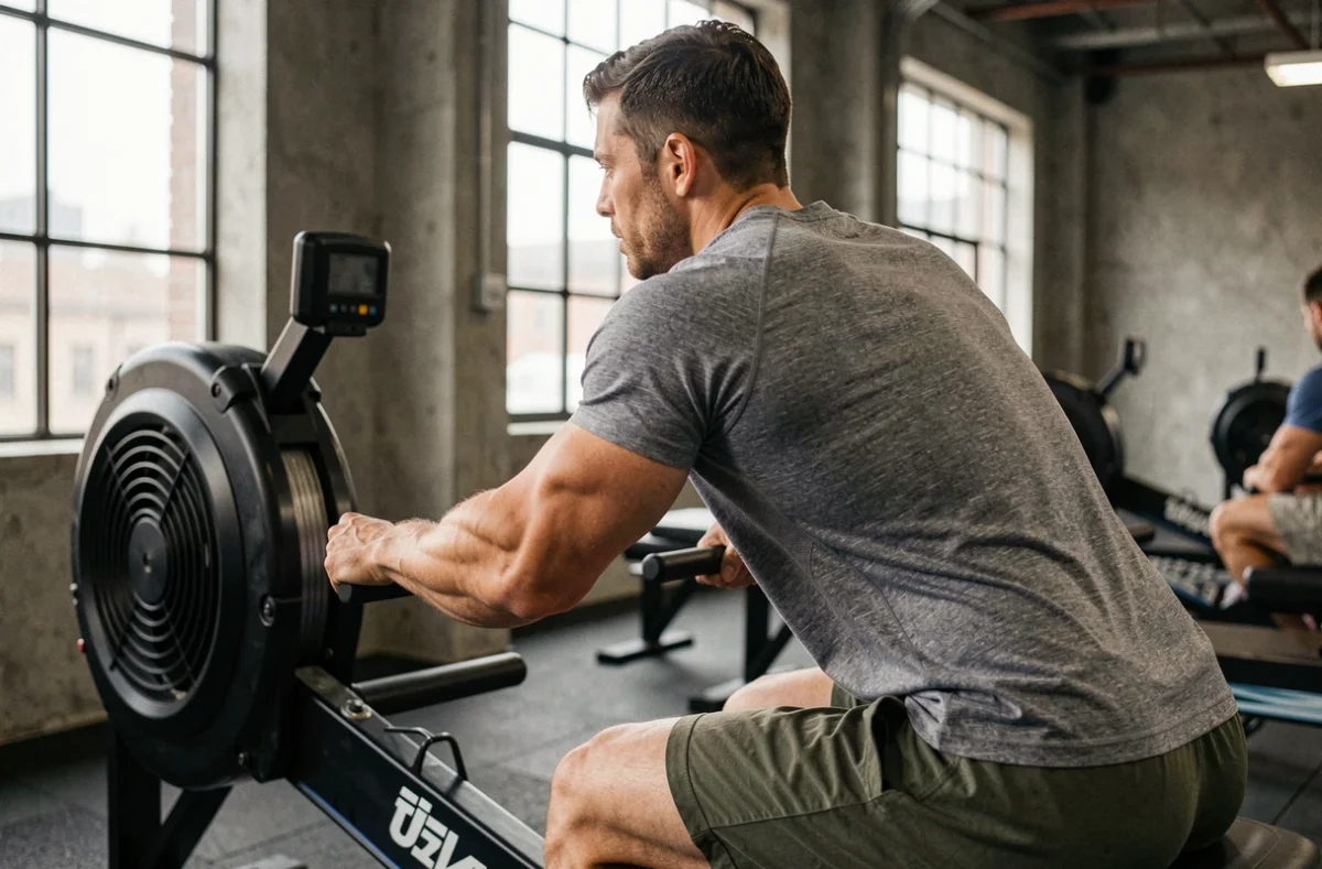 Sportif masculin s'entraînant sur un rameur en salle pour préparer une compétition HYROX en venant du CrossFit