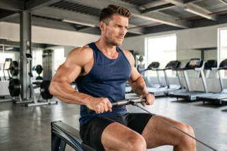 Homme musclé utilisant un rameur en salle de sport, muscles du dos visibles pendant l'effort de tirage