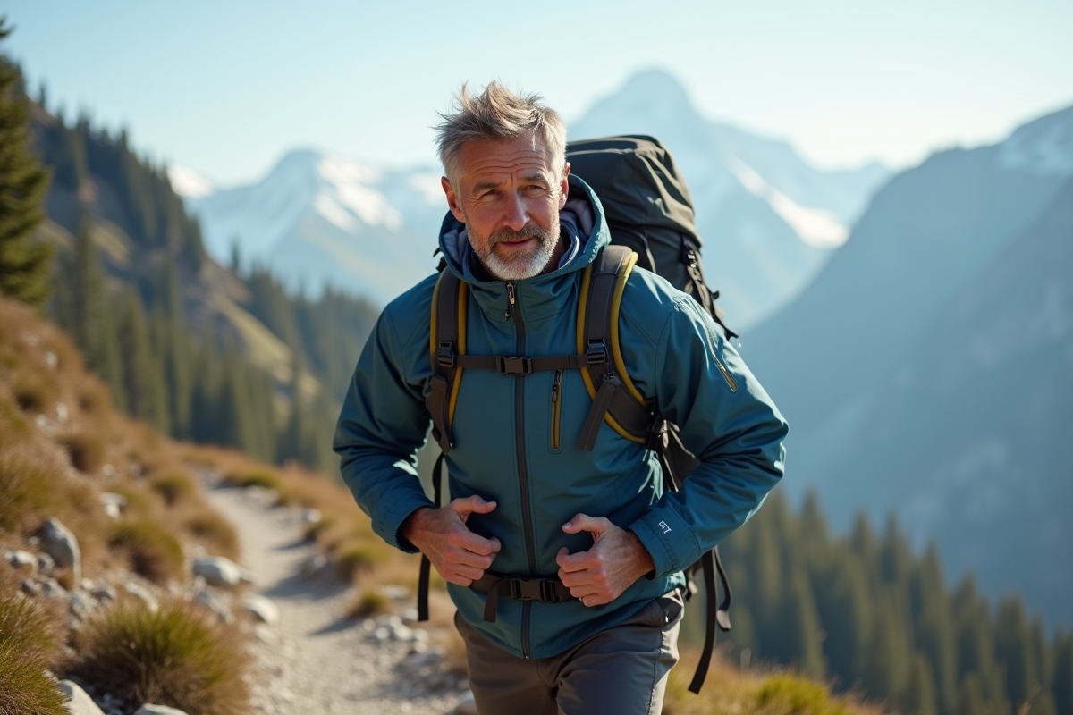Homme randonneur ajustant son sac en montagne