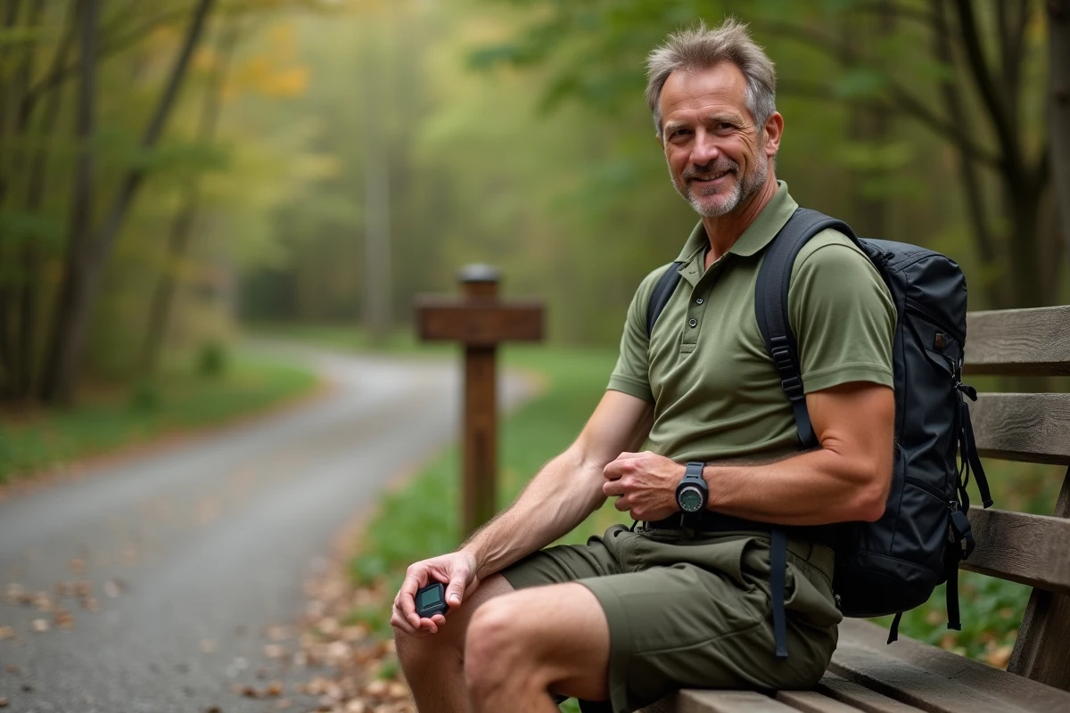 Randonneur attachant un podomètre numérique à sa ceinture avant de partir sur un sentier forestier en automne