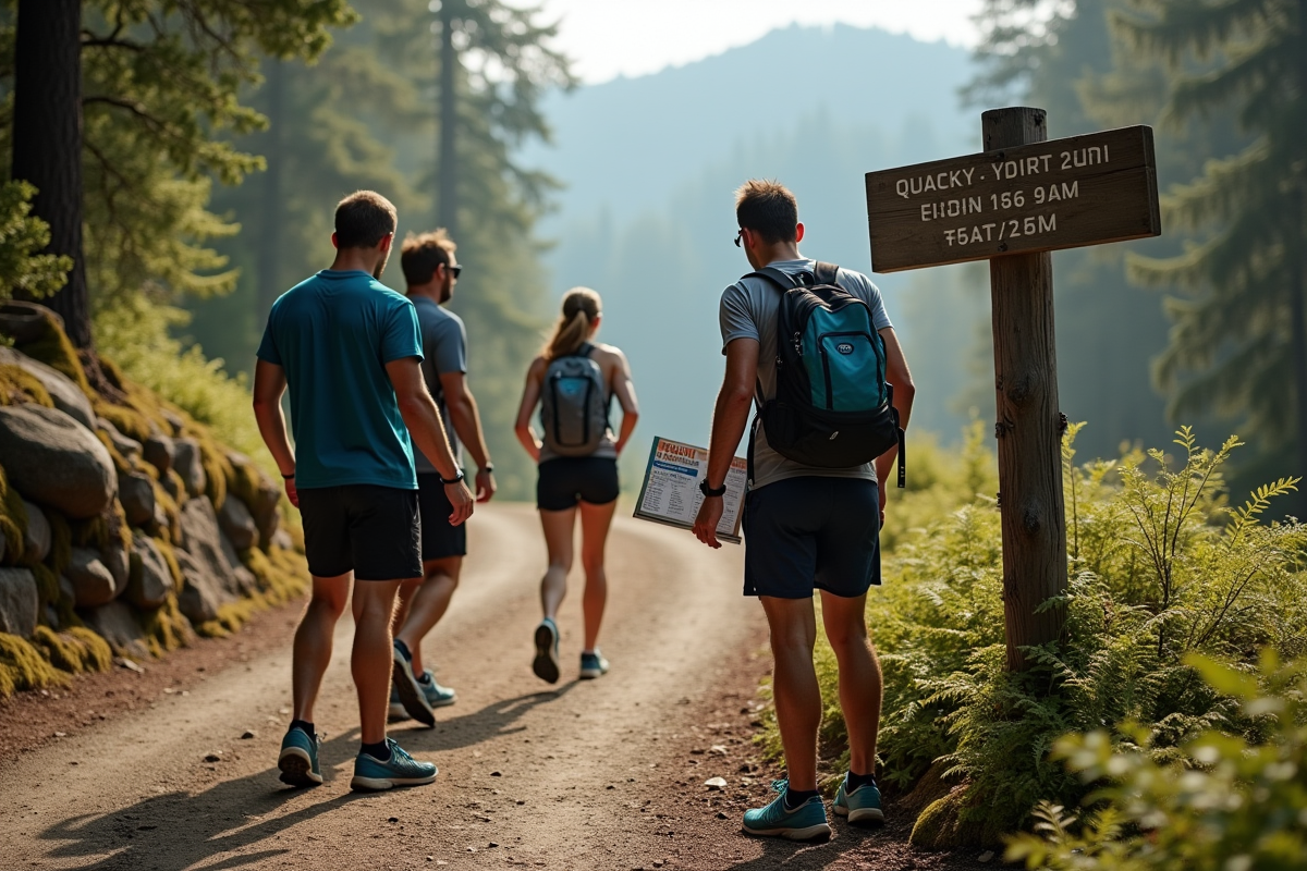 Groupe de coureurs trail devant un panneau en forêt