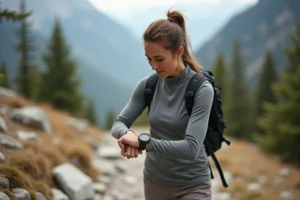 Randonneuse consultant sa montre GPS sur un sentier de montagne rocheux lors d'une randonnée en plein air