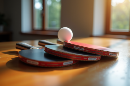 Gros plan sur trois raquettes de ping-pong haut de gamme avec balle blanche