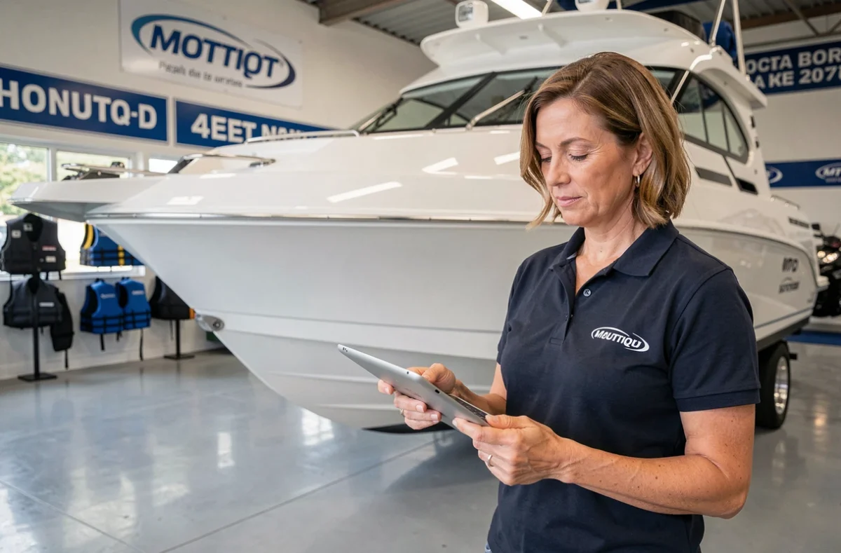 Responsable commerciale d'Aunis Moto Nautic présentant une embarcation nautique dans le showroom